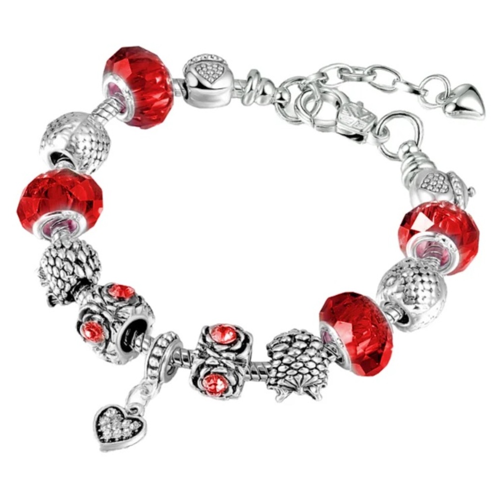 RED HEART CRYSTAL BEADED CHARM BRACELET SILVER TONE NEW IN PACKAGE